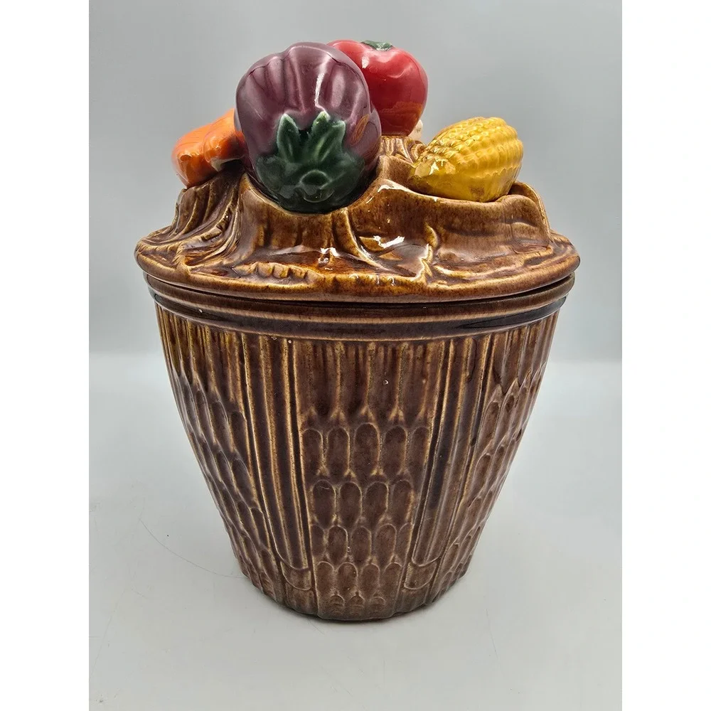 Vintage Vegetable Basket Cookie Jar Brown Ceramic Farmhouse Large Multicolor Exc